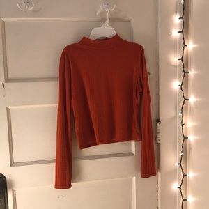 Long sleeved, ripped orange crop top.